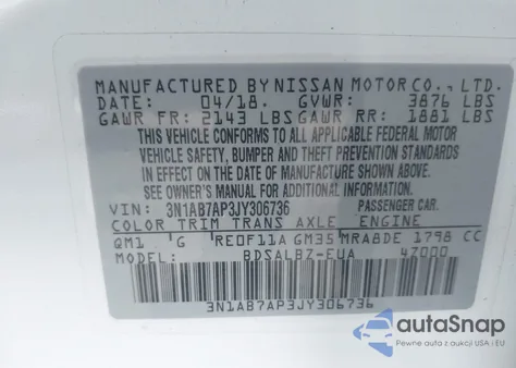 2018 Nissan Sentra S from USA, damaged, VIN 3N1AB7AP3JY306736